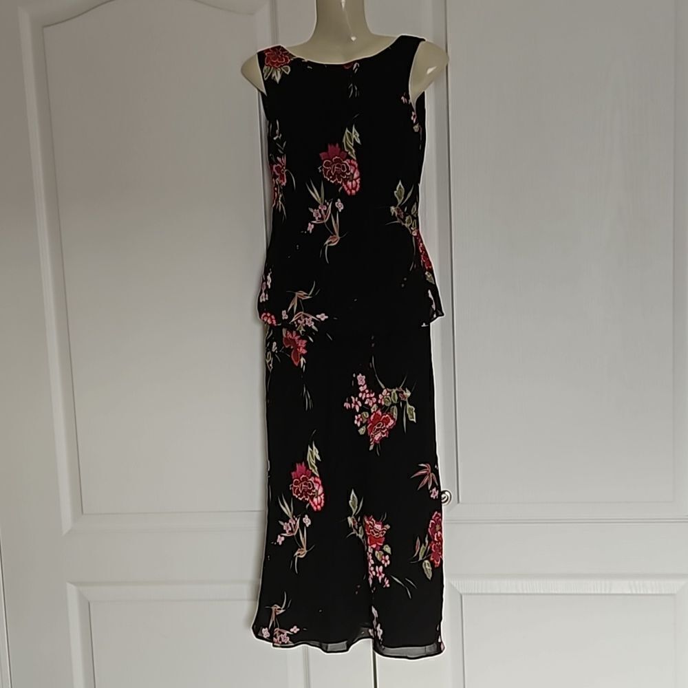 HP🥳 Evan-Picone Floral 2-Piece Top Crow Back & Midi Skirt Black/Pink Size 4P